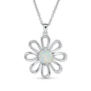 White Rainbow Opal Daisy Flower Pendant Necklace in Sterling Silver October Birthstone