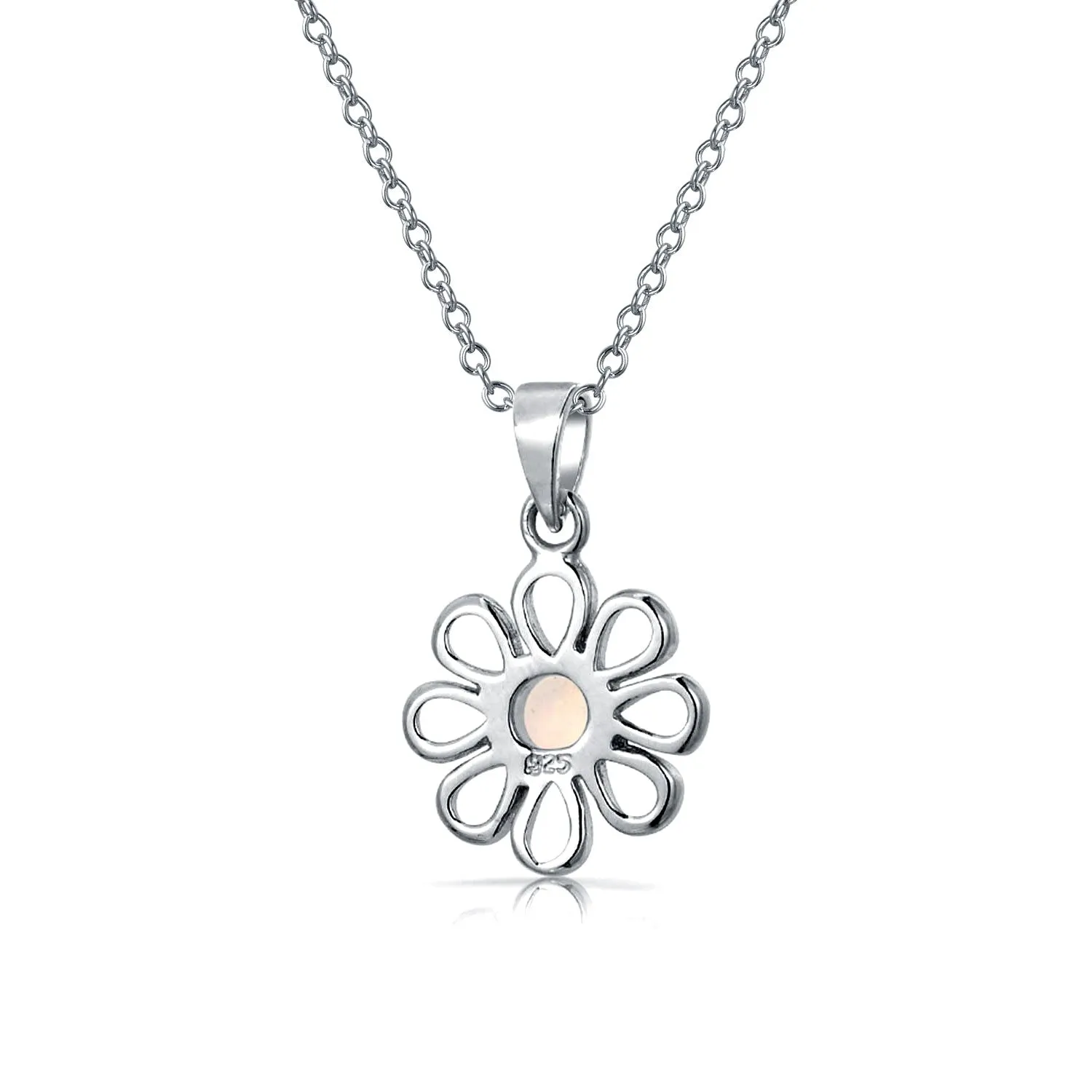 White Rainbow Opal Daisy Flower Pendant Necklace in Sterling Silver October Birthstone