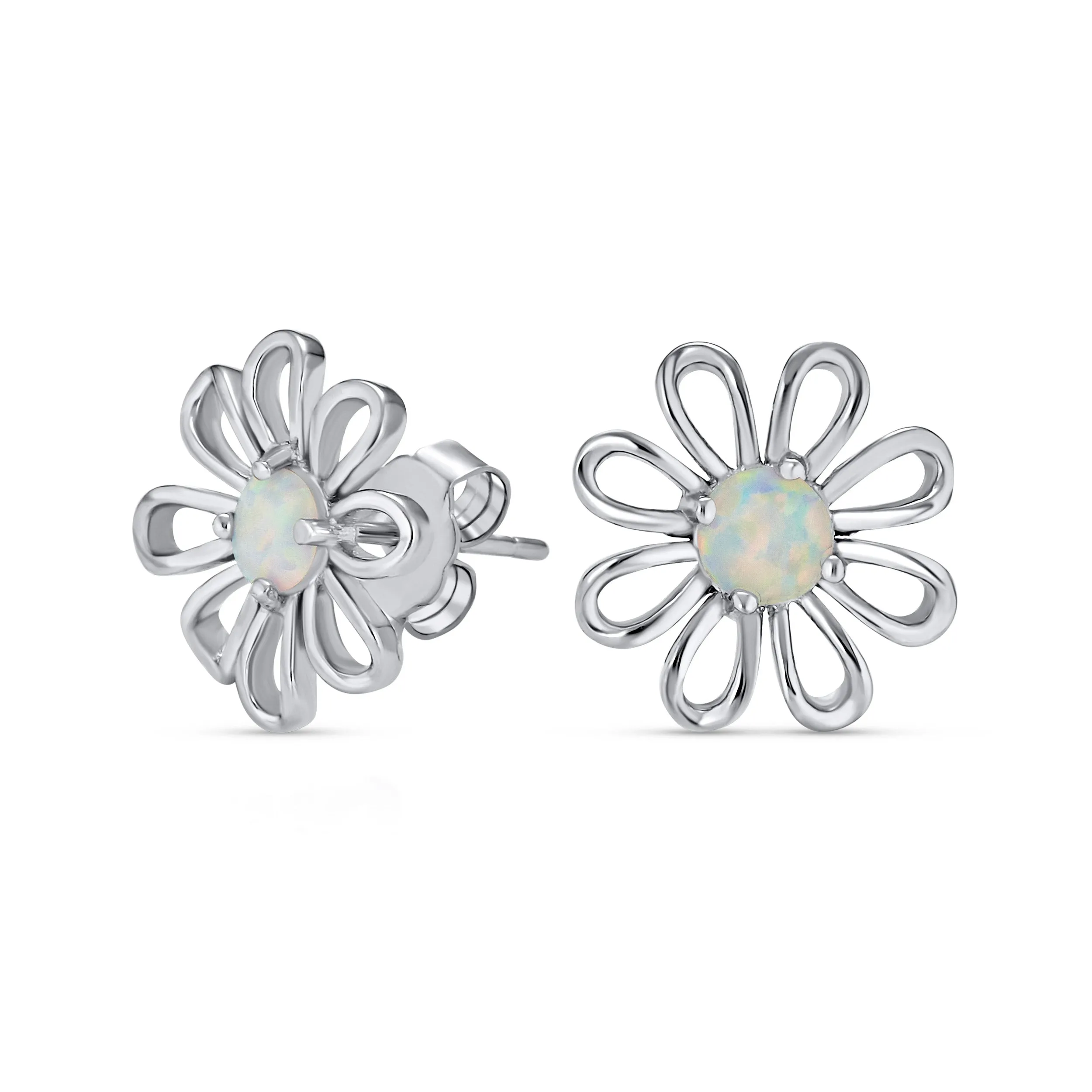 White Rainbow Opal Daisy Flower Pendant Necklace in Sterling Silver October Birthstone