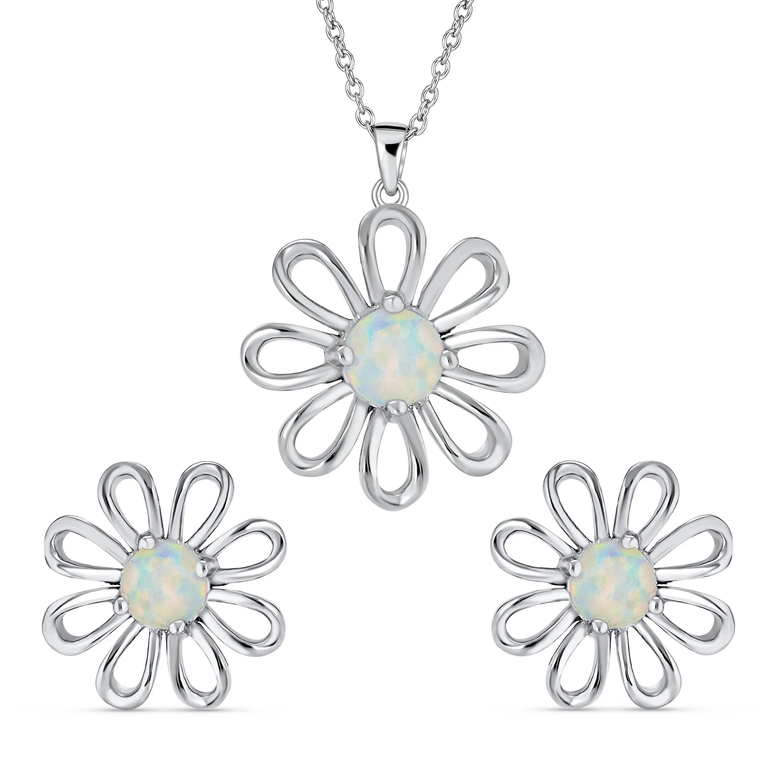 White Rainbow Opal Daisy Flower Pendant Necklace in Sterling Silver October Birthstone