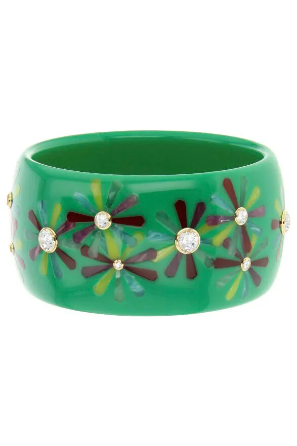 White Topaz Green Floral Bakelite Bangle