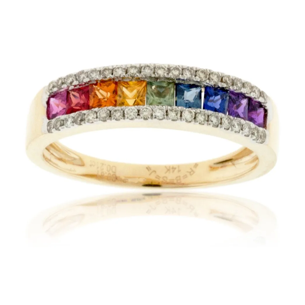 Yellow Gold Rainbow Sapphire and Diamond Ring